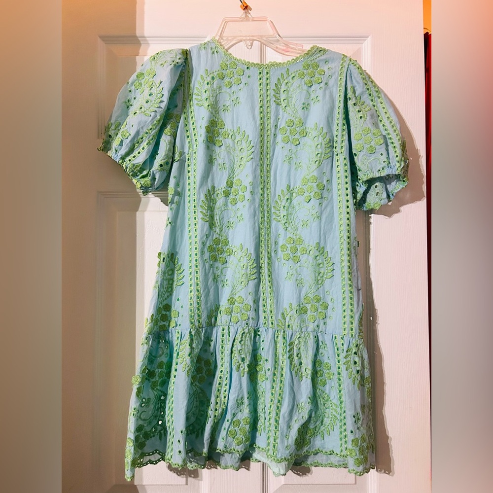 Melloday Light Blue & Green Embroidered Puff Sleeve Eyelet Dress XS VGUC - Picture 2 of 3